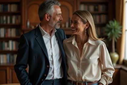 Couple élégant dans un appartement parisien, illustrant la vie privée et le profil discret de l'épouse de Geoffroy Lejeune
