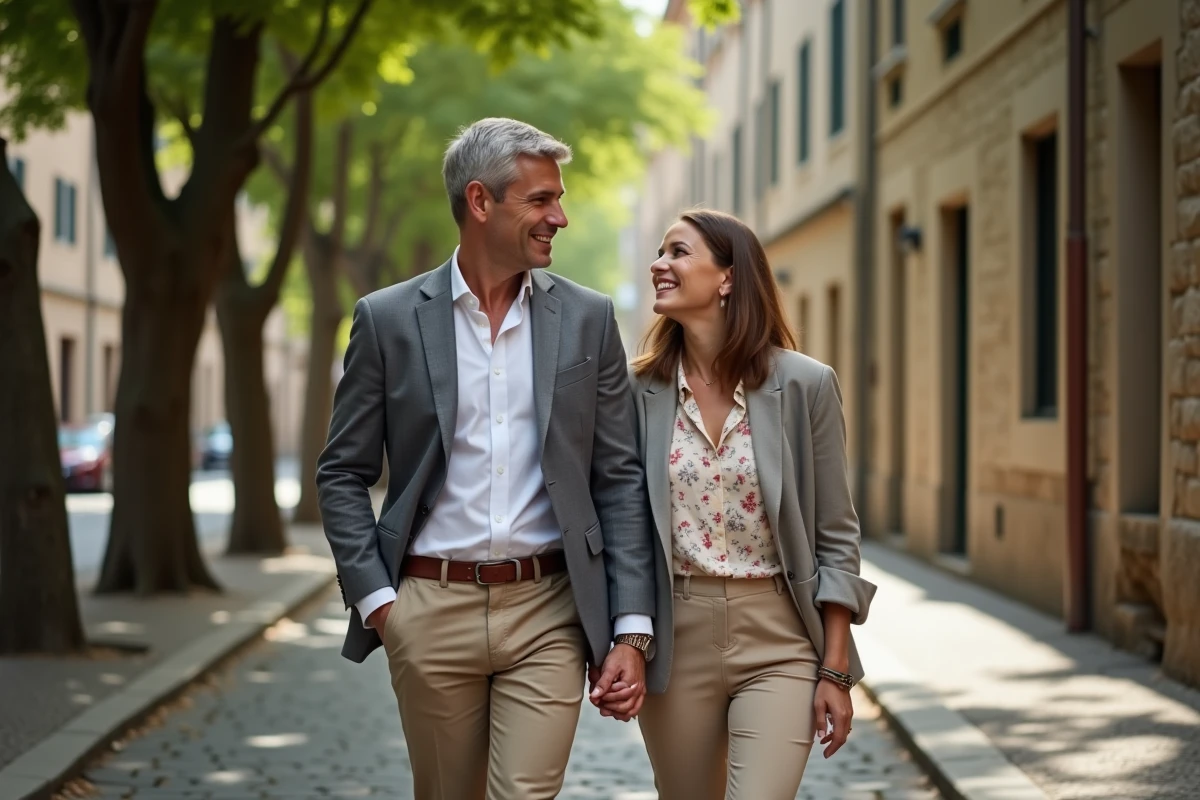 Couple discret et élégant se promenant dans une rue pavée arborée d'une ville européenne, sourire naturel et complicité évidente