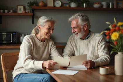 Couple de 40 ans échangeant des lettres dans une cuisine chaleureuse