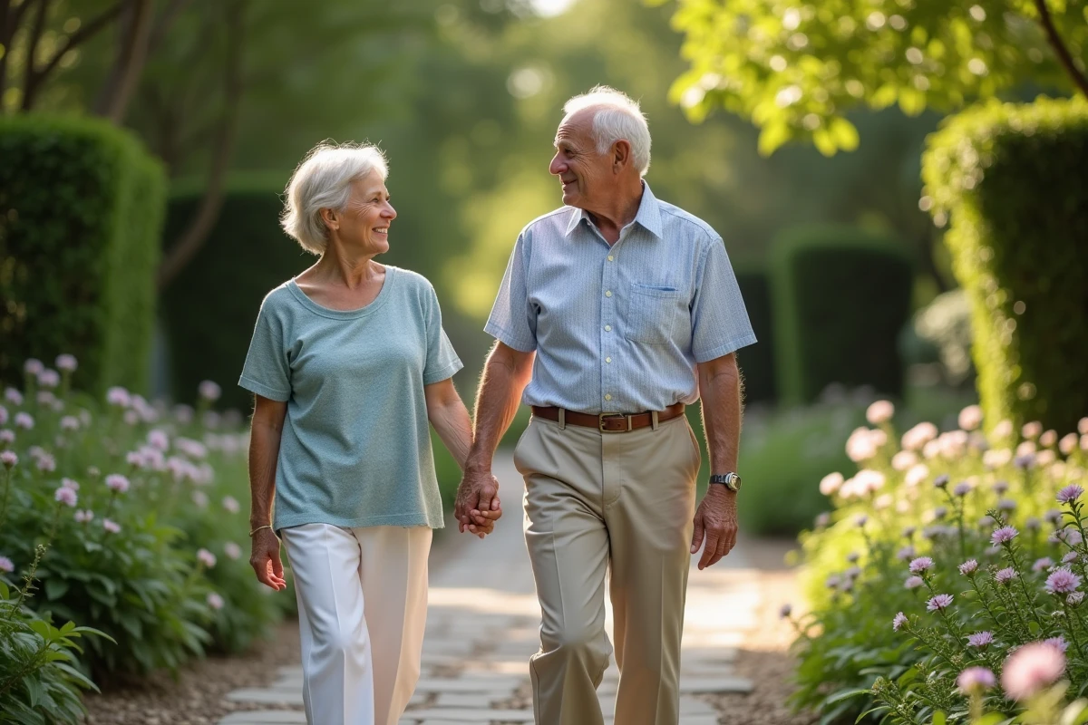 Vieux couple marchant main dans la main dans un jardin