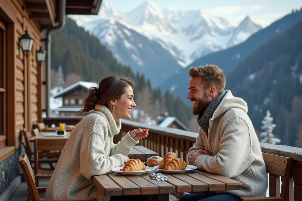 Jeune couple marié partageant un petit déjeuner alpin