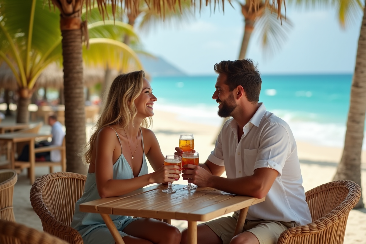 Couple en lune de miel trinquant sur une terrasse tropicale