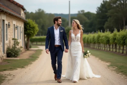 Jeune couple souriant lors d'un mariage en Gironde