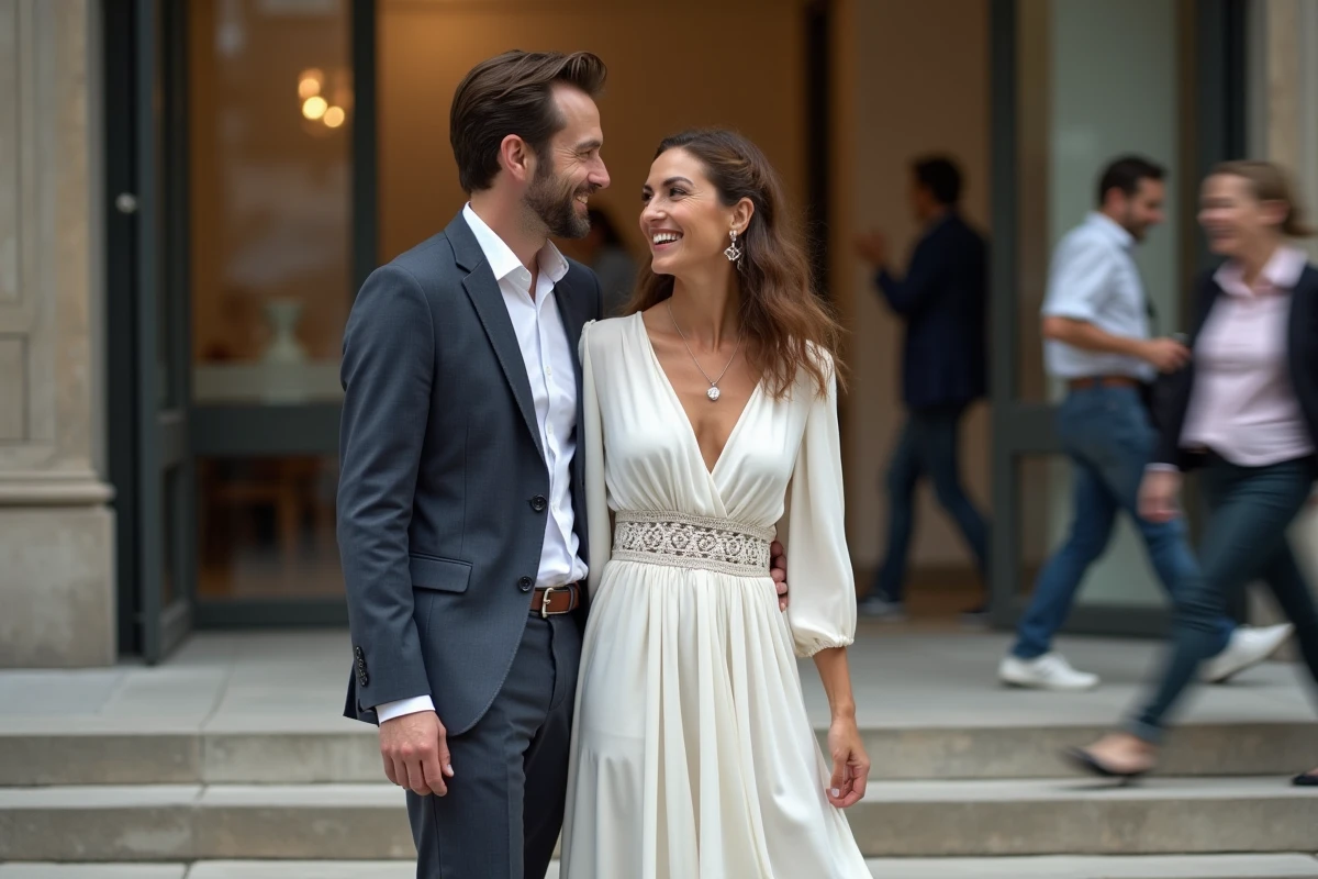 Couple après un mariage civil devant une mairie moderne, mariée en robe bohème crêpe avec détail crochet, ambiance urbaine naturelle