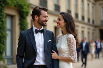 Couple chic en mariage devant une architecture française