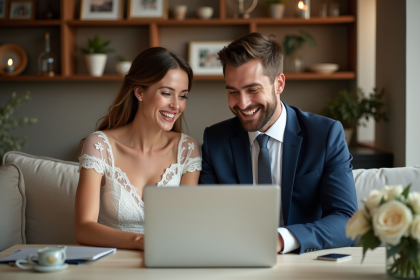 Couple souriant lors d'une cérémonie de mariage en ligne à la maison