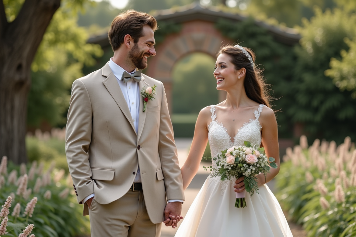 Jeune couple marié dans un jardin romantique en extérieur