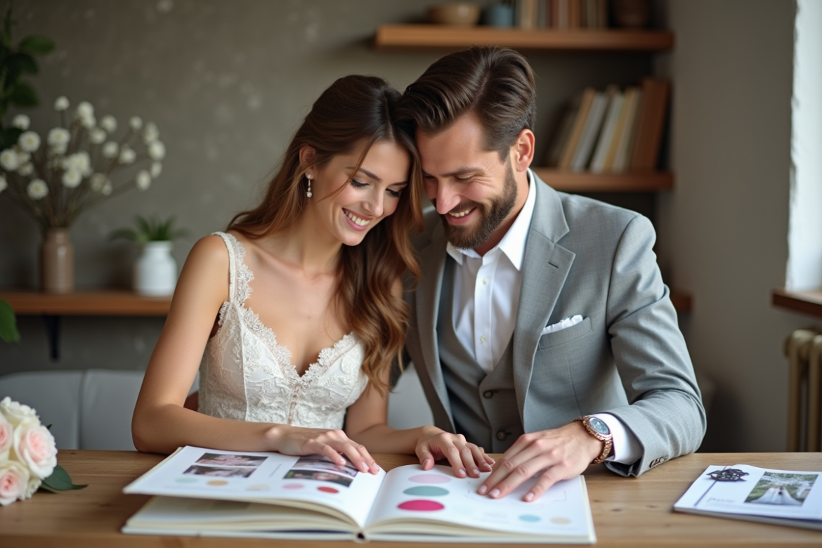Jeune couple souriant préparant leur mariage dans un intérieur cosy