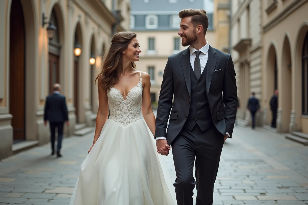 Jeune couple marchant main dans la main devant l’hôtel de ville de Nantes
