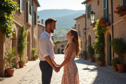Jeune couple marié dans un village européen ensoleille