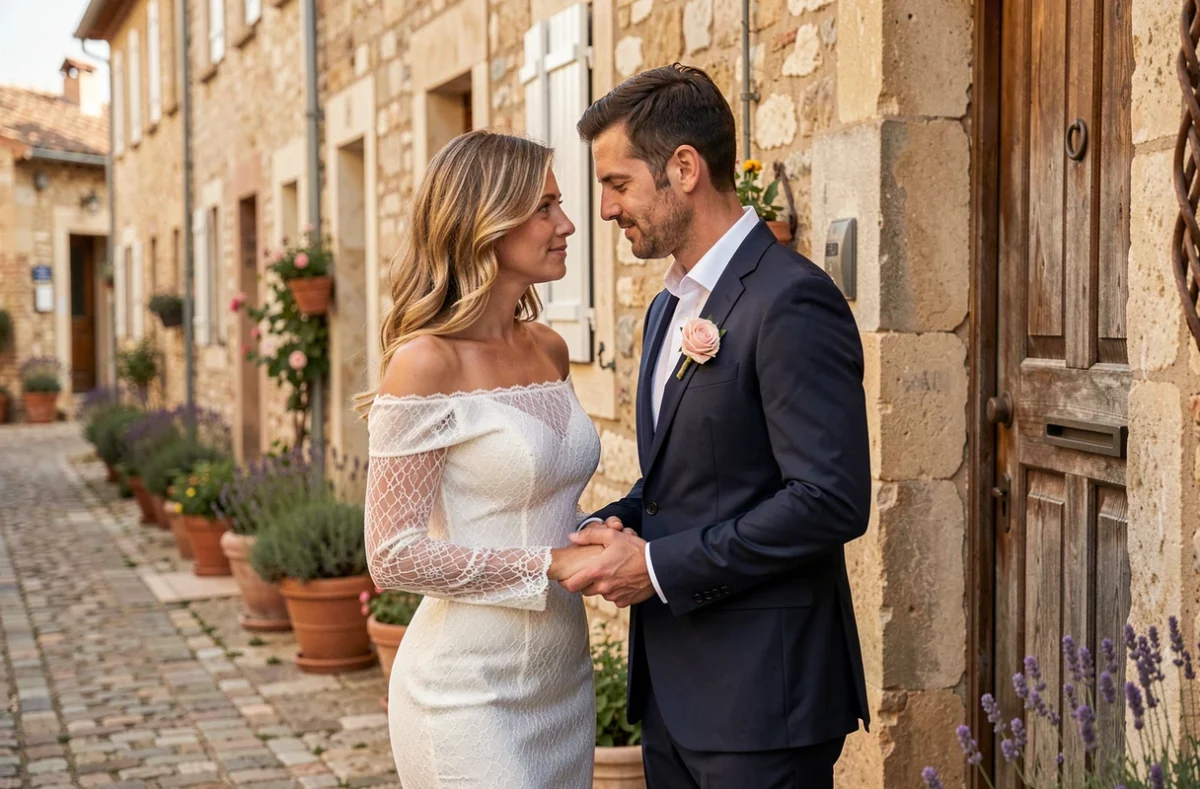 Couple marié en tenue élégante se tenant la main dans une rue en pierre d'un village provençal