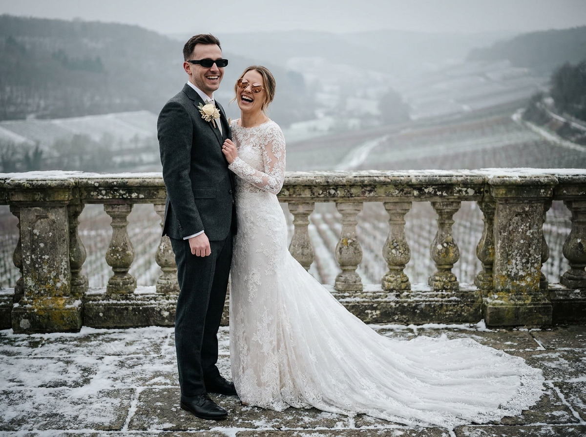 Couple de mariés en lunettes de soleil tendance sur terrasse en pierre avec vue sur vallée hivernale brumeuse