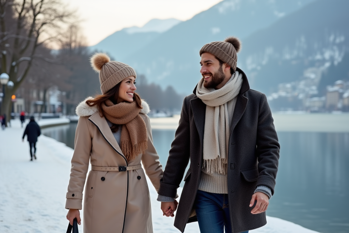 Jeune couple romantique sur la rive enneigee du lac Geneva