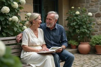Couple célébrant 15 ans de mariage en regardant un album photo dans un jardin fleuri