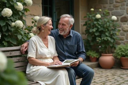 Couple célébrant 15 ans de mariage en regardant un album photo dans un jardin fleuri