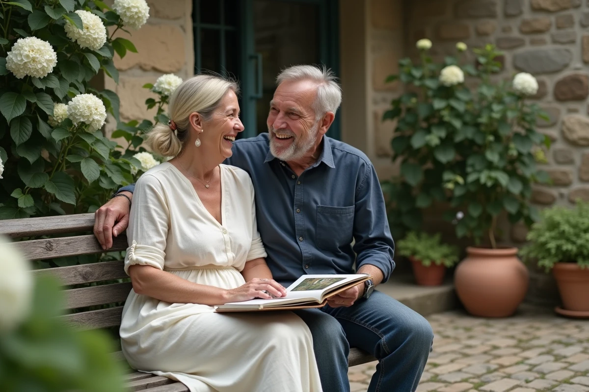 Couple célébrant 15 ans de mariage en regardant un album photo dans un jardin fleuri