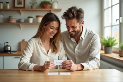 Couple tenant des cartes illustrant les différentes noces de mariage dans une cuisine en bois chaleureuse