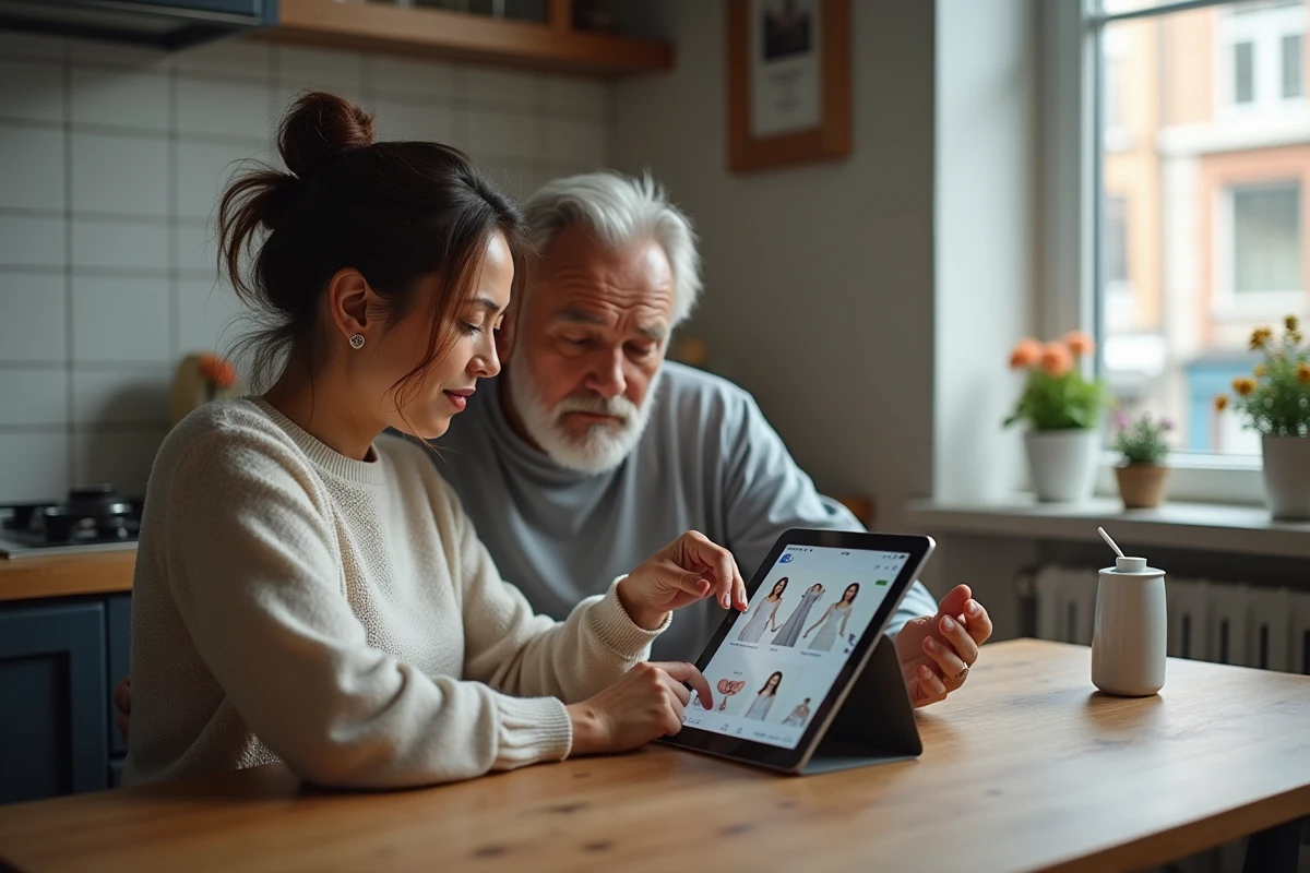 Couple regarde un site de robes de mariage sur une tablette dans la cuisine