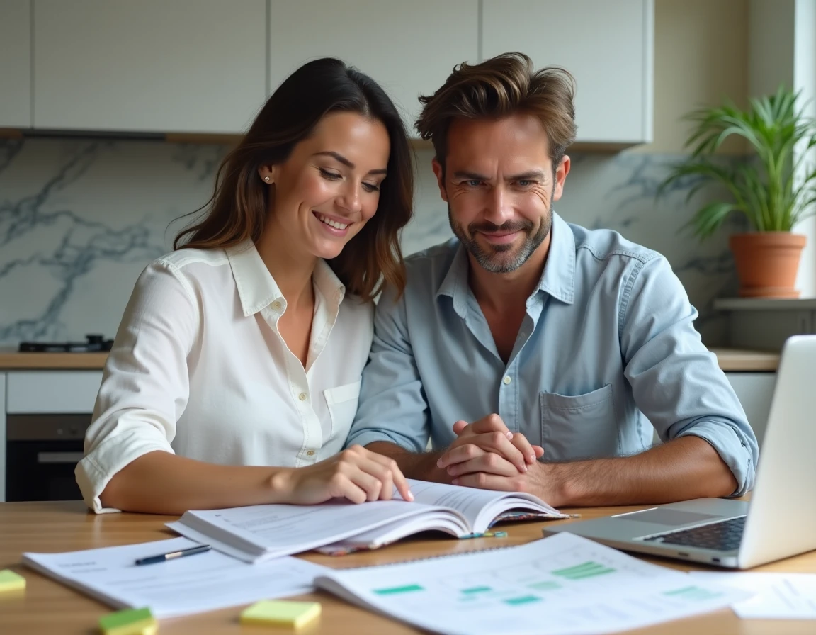 Couple organisant leur mariage seul à la maison avec des devis, un ordinateur portable et des notes éparpillées sur la table