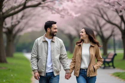 Jeune couple souriant dans un parc au printemps avec cerisiers en fleurs