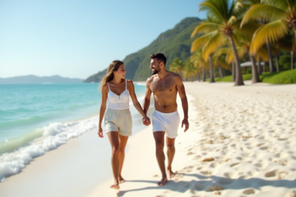 Jeune couple interracial marchant sur la plage ensoleillee