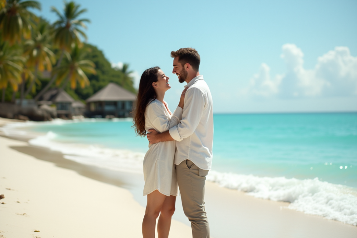Jeune couple souriant sur la plage de sable blanc