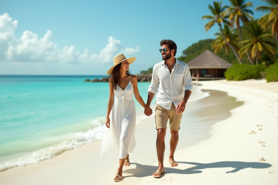 Jeune couple marchant sur une plage tropicale ensoleillee