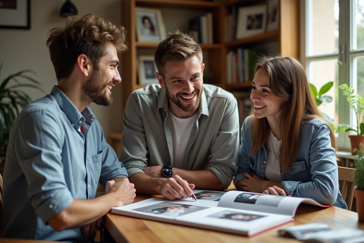 Couple et photographe dans un studio chaleureux