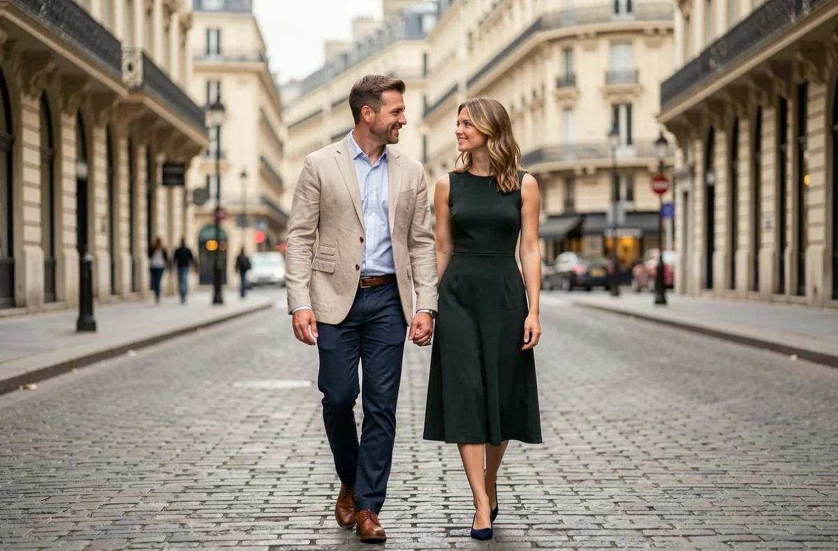 Couple élégant se promenant sur un boulevard parisien aux façades haussmanniennes, évoquant la vie de couple de Geoffroy Lejeune