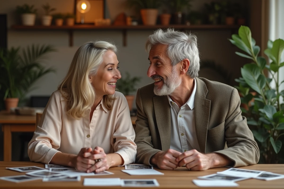 Couple à un repas intime dans une salle chaleureuse et décorée