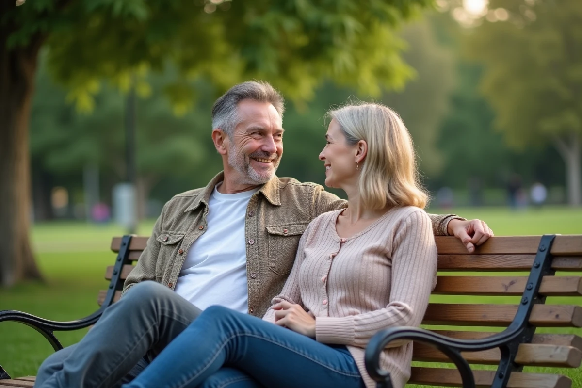 Couple relaxant sur un banc dans un parc paisible