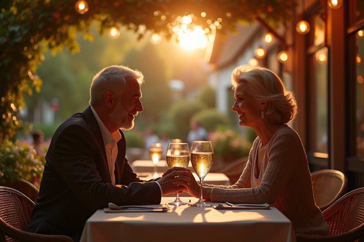 Couple mature main dans la main dans un restaurant français
