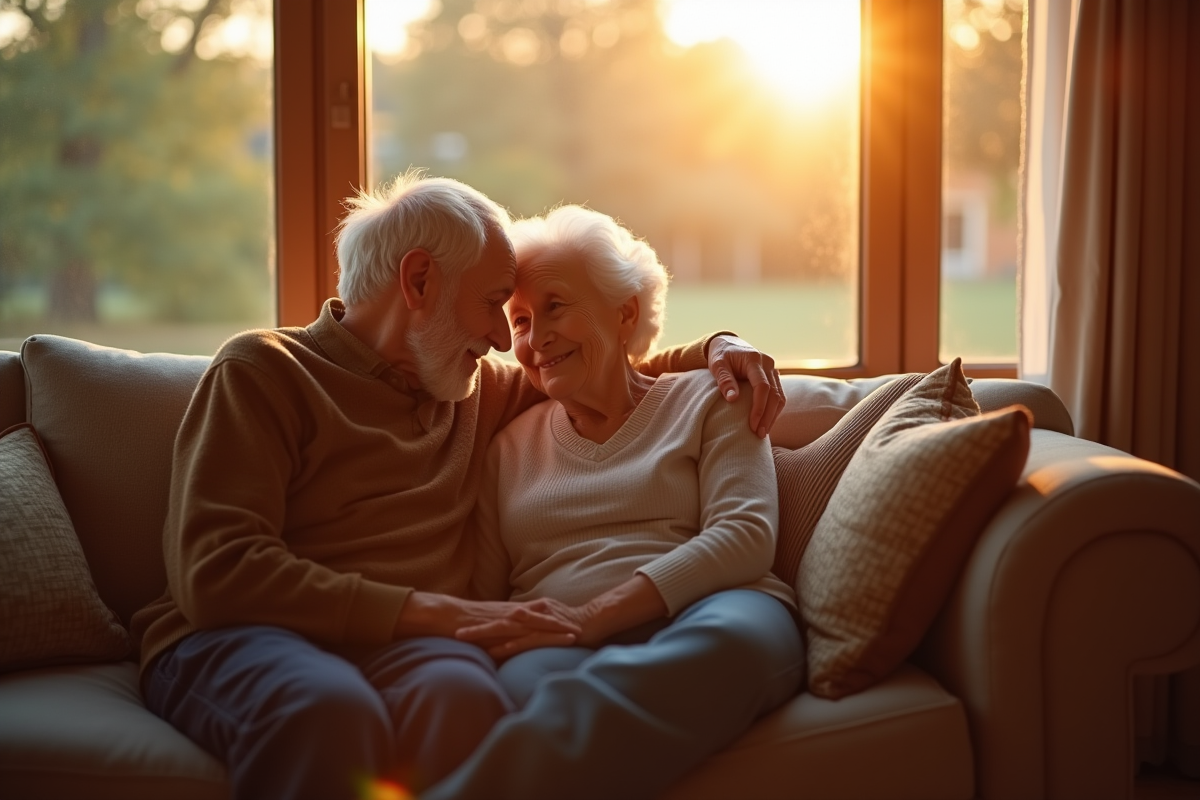 Couple age assis sur un canapé dans un salon chaleureux