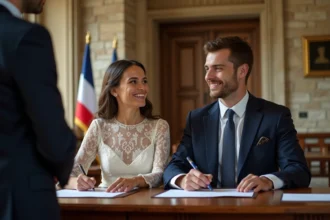 Couple signant leur acte de mariage à la mairie devant un officier d'état civil dans une salle officielle française