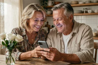Couple d'une quarantaine d'années souriant en lisant un SMS d'anniversaire de mariage sur un smartphone à table