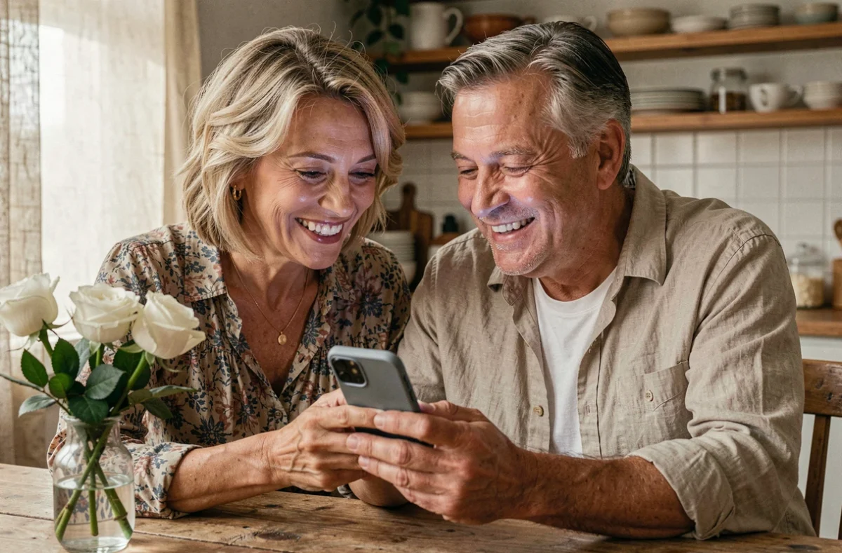 Couple d'une quarantaine d'années souriant en lisant un SMS d'anniversaire de mariage sur un smartphone à table