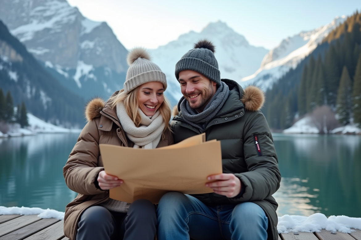 Jeune couple souriant près d'un lac suisse en hiver