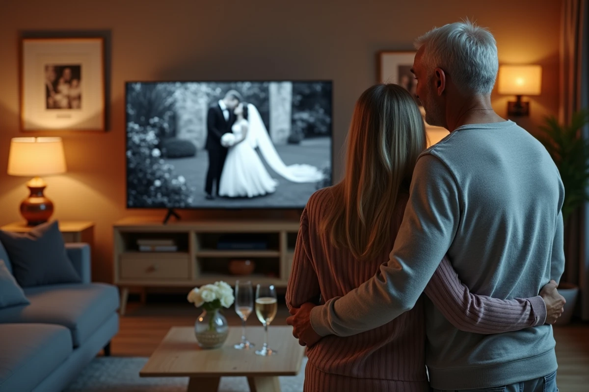 Couple regardant ensemble une vidéo souvenir de leur mariage pour leurs noces de cristal