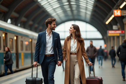 Jeune couple de voyageurs souriants sur une plateforme de train européenne