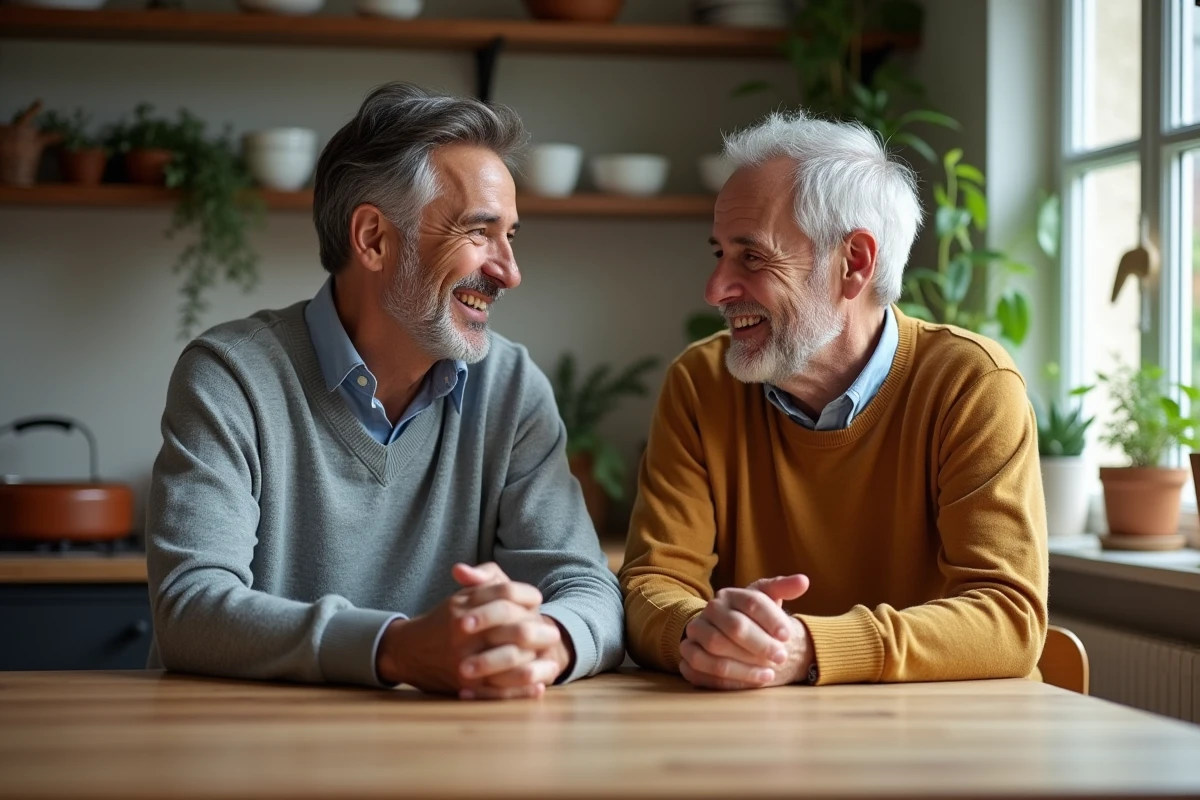 Stéphane Marie et son mari discutant à la table de cuisine