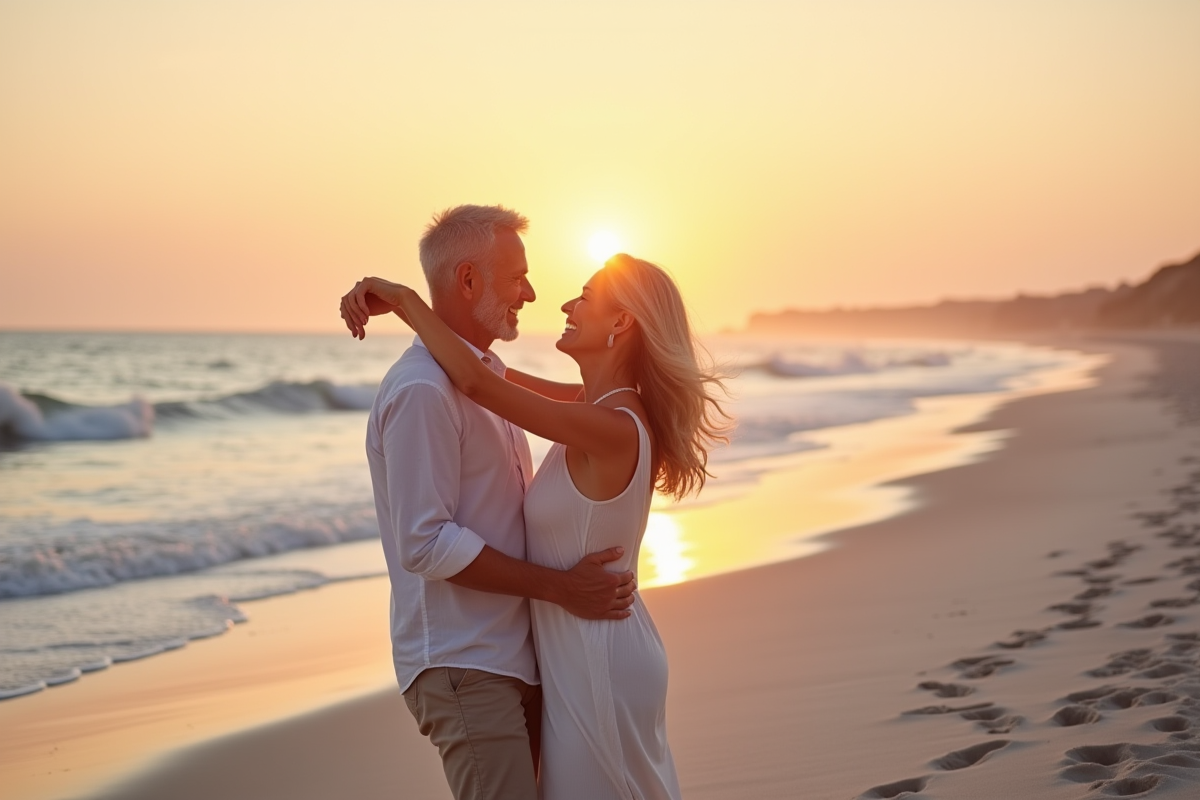 Couple dans la cinquantaine danse sur la plage au coucher du soleil