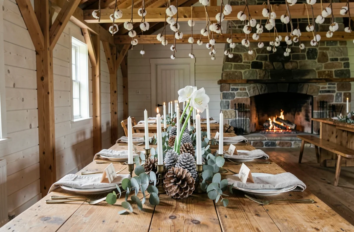 Décoration intérieure de mariage hivernal dans une grange scandinave avec bougies et décor naturel