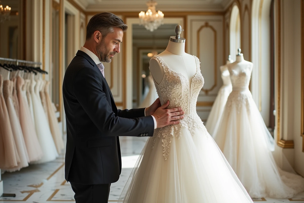 Designer ajustant une robe de mariée sur un mannequin