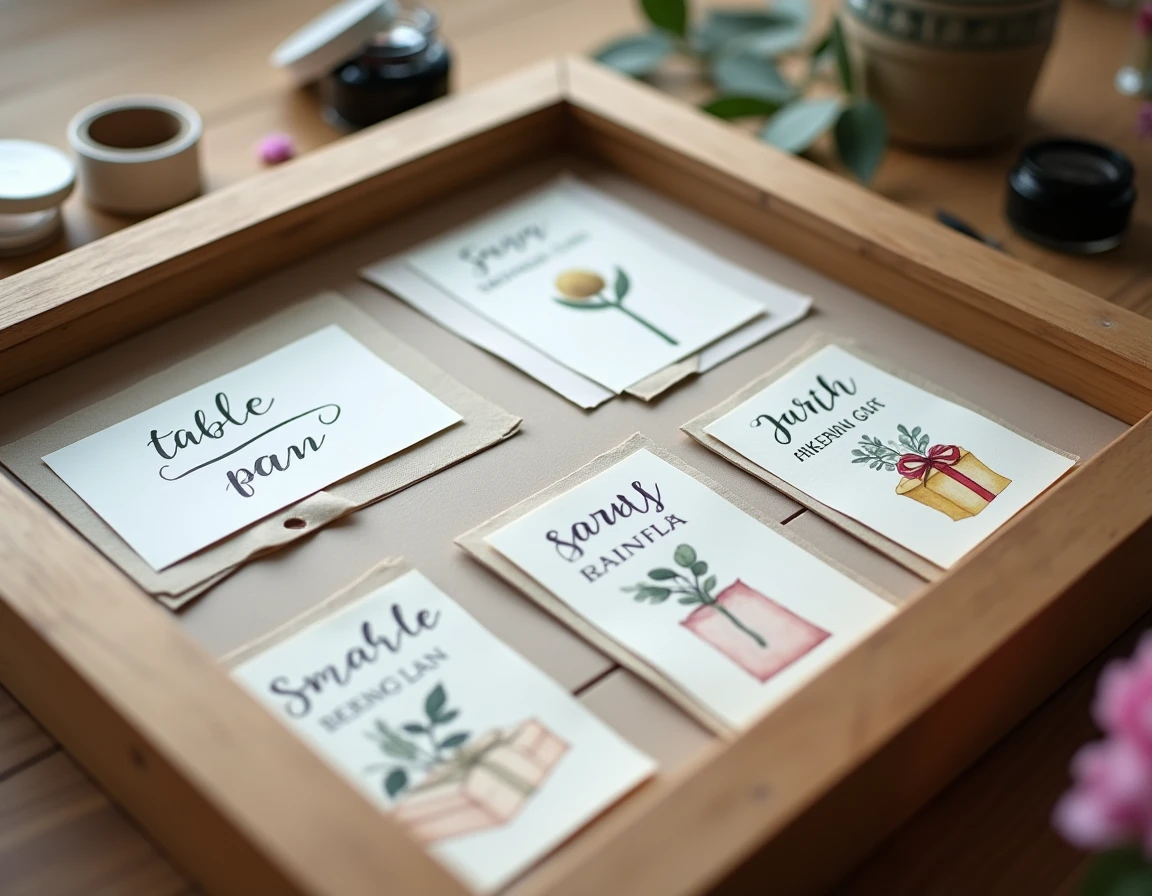 Gros plan sur des cartes de plan de table artisanales illustrées à l'aquarelle avec des motifs de cadeaux et de décorations de mariage