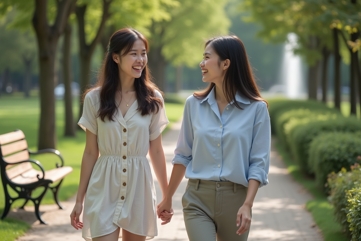 Deux femmes discutant en marchant dans un parc en plein air