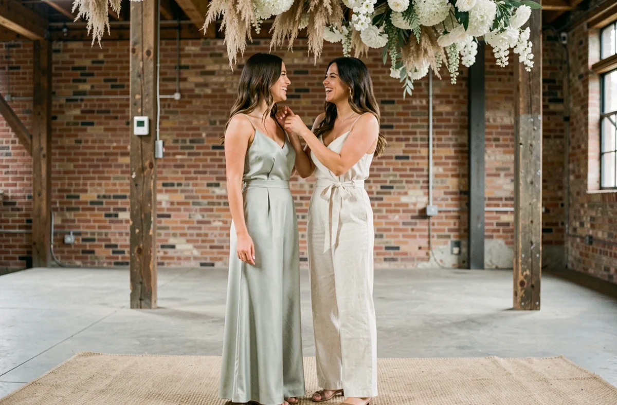 Deux mariées en combinaisons blanches élégantes dans un lieu de mariage industriel avec briques apparentes et fleurs séchées suspendues