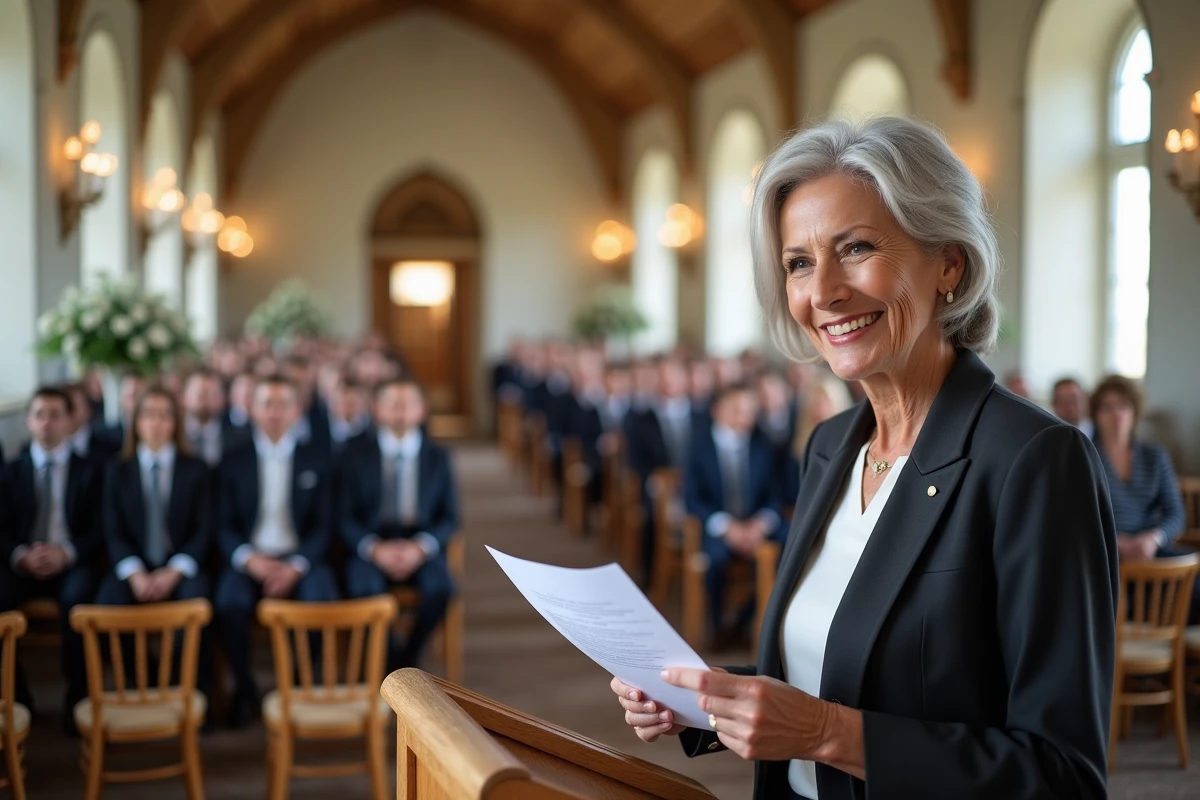 Femme maire en écharpe tricolore lisant un discours lors d'une cérémonie de mariage civil dans une salle décorée
