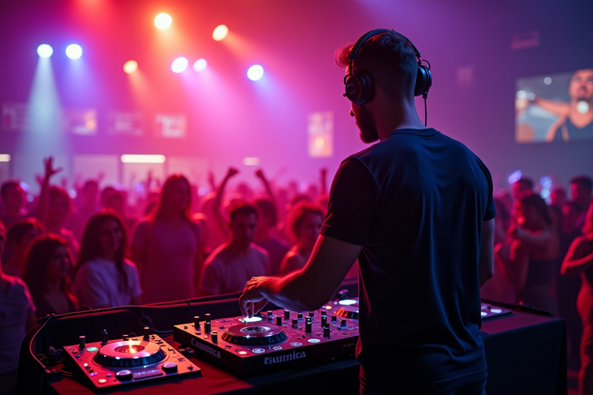 DJ confiant en club moderne avec éclairage vibrant