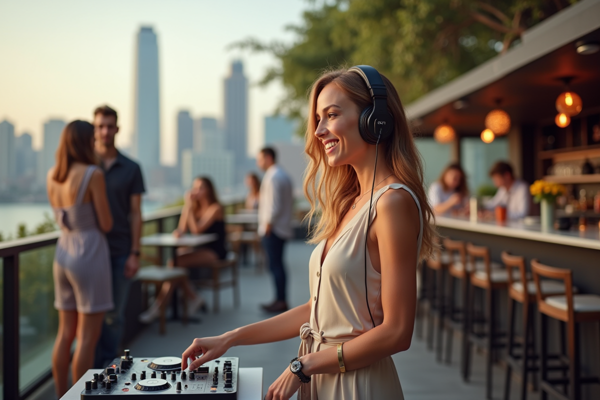 DJ femme souriante interagissant avec des organisateurs en extérieur