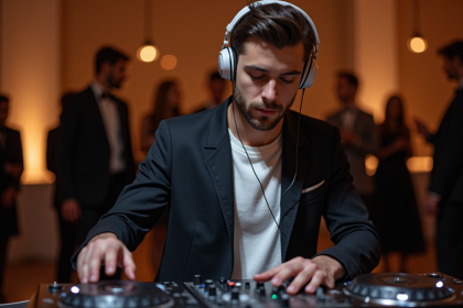 Jeune DJ homme concentré mixant lors d'un événement élégant